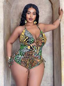 Slaydiva Conjunto de bañador tipo tankini de 2 piezas con estampado de leopardo y espalda cruzada descubierta para mujer talla grande