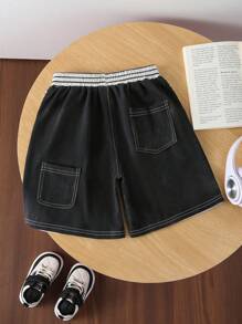Young Boy Knit Striped Patchwork Distressed Printed Shorts, Korean Style Street Fashion - Multicolor - View 2