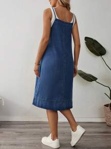 SHEIN Vestido peto vaquero casual de una sola de botones con bolsillos para maternidad