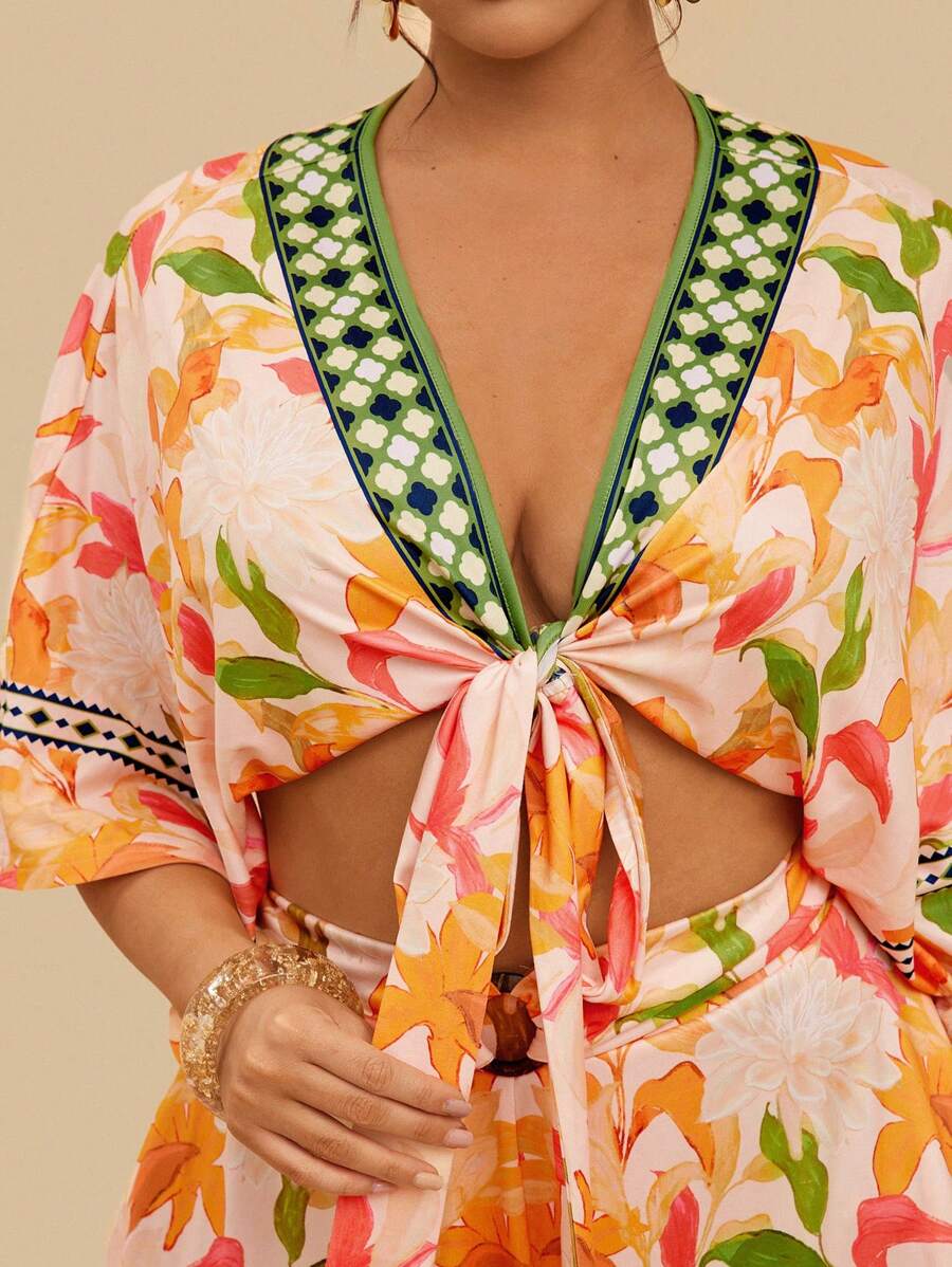 Travachic Set da 2 pezzi, blusa in maglia ampia con stampa di fiori tropicali gialli e pantaloncini casual, stile bohémien, adatto per le vacanze, taglia comoda, per l'estate