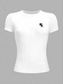 Slouenne Slouenne Woman Riding Horse Embroidered Graphic Fitted Round Neck T-Shirt - White - View 3