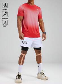 Manfinity Sport Polished Men's Letter Ombre Round Neck Short Sleeve Sports T-Shirt Workout Clothes Running Tees & Tanks, Men Gym Shirt, Sports Outfit Gym Gradient, Men S Dry Fit Shirt, Men Sports Wear, Dry Fit Workout Tops - Red - View 6