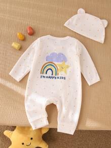 新生儿趣味星星和彩虹印花，柔软罗纹面料，黄色圆点长袖连体衣，带帽子，家居服套装 - 彩色 - 查看 2