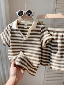 2-Pack Young Boys Casual Sports College Street Cute Vacation Striped Lapel POLO Shirt And Khaki Shorts Set Suitable For Kids Outfits Young Boy Clothes Back To School Boys Set Suitable For Birthday Parties, Evening Parties, Performances, Weddings, Baptisms, Opening Ceremonies Daily Suitable For Daily Use Suitable For School Suitable For Travel Suitable For Sports Suitable For Spring And Summer Seasons Young Boy Clothing Set