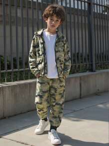 SHEIN Boys Camo Print Zip Up Hooded Jacket & Trousers Without Tee - Multicolor - View 1
