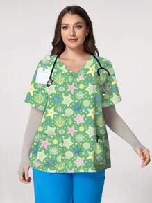 PopScrub Plus Size Women V-Neck Short Sleeve Starfish Printed Double Pocket Nursing Scrub Top - White - View 3