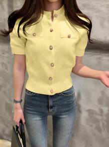 INAWLY 女士休闲纯色短袖针织开衫