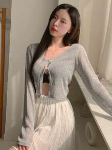 DAZY Women Grey See-Through Long Sleeve Cardigan Blouse - Grey - View 4