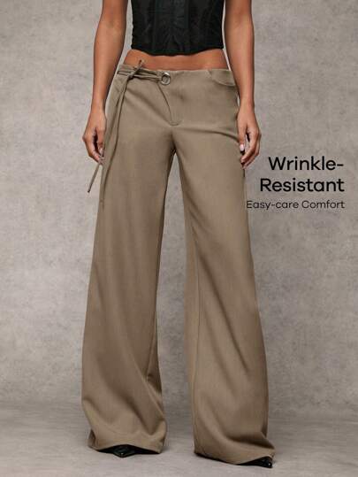 SHEIN BAE Women's Solid Gray Casual, Commuting, Daily Loose Fit Pants With Drawstring Waist & Eyelet Detail