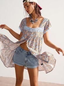 Bohemela 女式休闲梭织格子领荷叶边袖子和下摆宽松迷你连衣裙 - 薄荷綠 - 查看 7