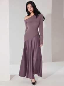 Heiryn Women Asymmetric Collar Patchwork Dress - Purple - View 3