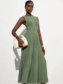 Aveloria Modichic French Simple Elegant Elegant Dress, Vertical Split Design Fit & Flare Sleeveless Dress For Women - Green - View 3