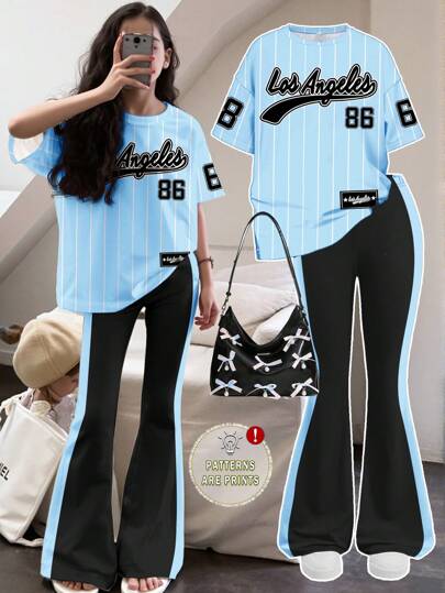 SHEIN Leap Crew Tween Girls Casual Minimalist Short Sleeve Top And Long Pants 2 Pieces Set, Suitable For Summer