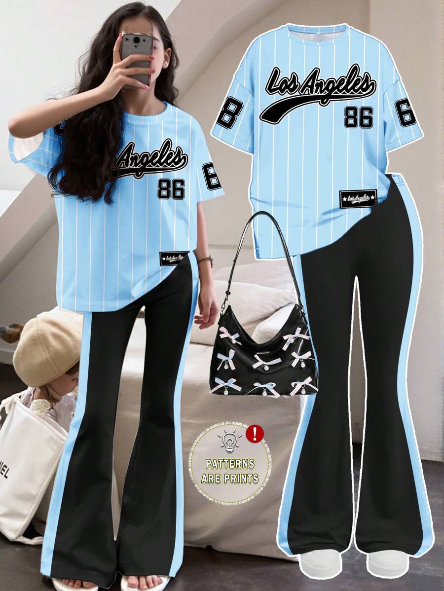 SHEIN Leap Crew 青少年女孩休闲简约短袖上衣和长裤两件套，适合夏季