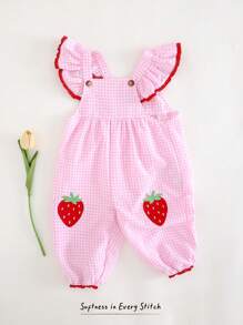 Cozy Pixies Baby Girl Strawberry Print Square Neck Ruffle Trim Jumpsuit - Pink - View 1