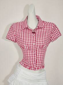 Sweetina 女士休闲收腰格子衬衫 - 紅白色 - 查看 1