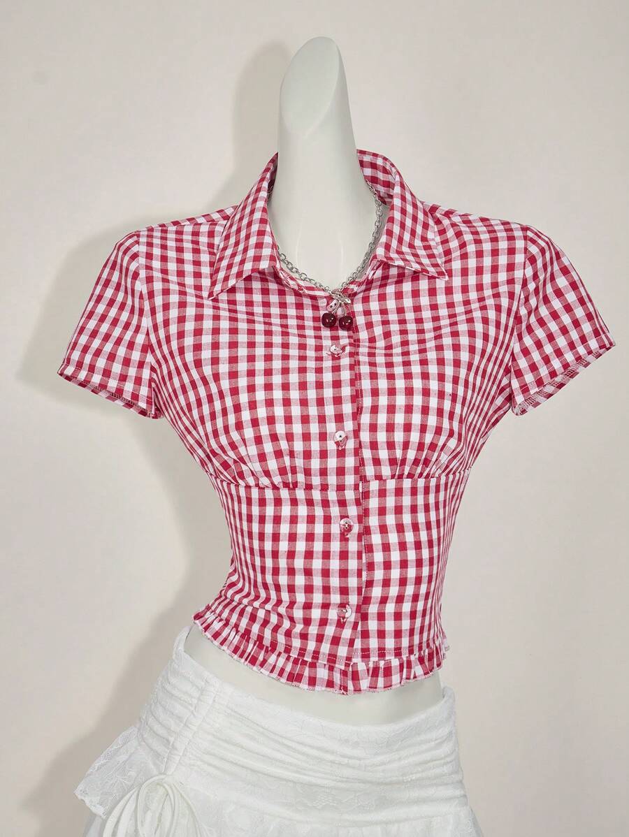 Sweetina 女士休闲收腰格子衬衫 - 紅白色 - 查看 1