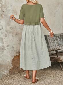 EMERY ROSE 女式夏季条纹圆领短袖休闲中长连衣裙 - 綠色 - 查看 2