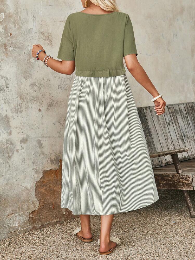 Women's Summer Stripe Round Neck Short Sleeve Casual Mid-Calf Dress