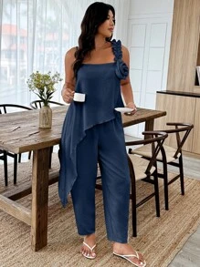 SHEIN Clasi 2件套大码女式无袖纯色3D花卉上衣和裤子套装 - 藏蓝色 - 查看 5