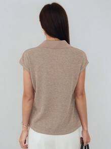 Dazy-Less Camiseta de mujer de manga corta, de punto holgado y casual, de unicolor con parches, para uso casual en el trabajo - Marrón - Ver 4