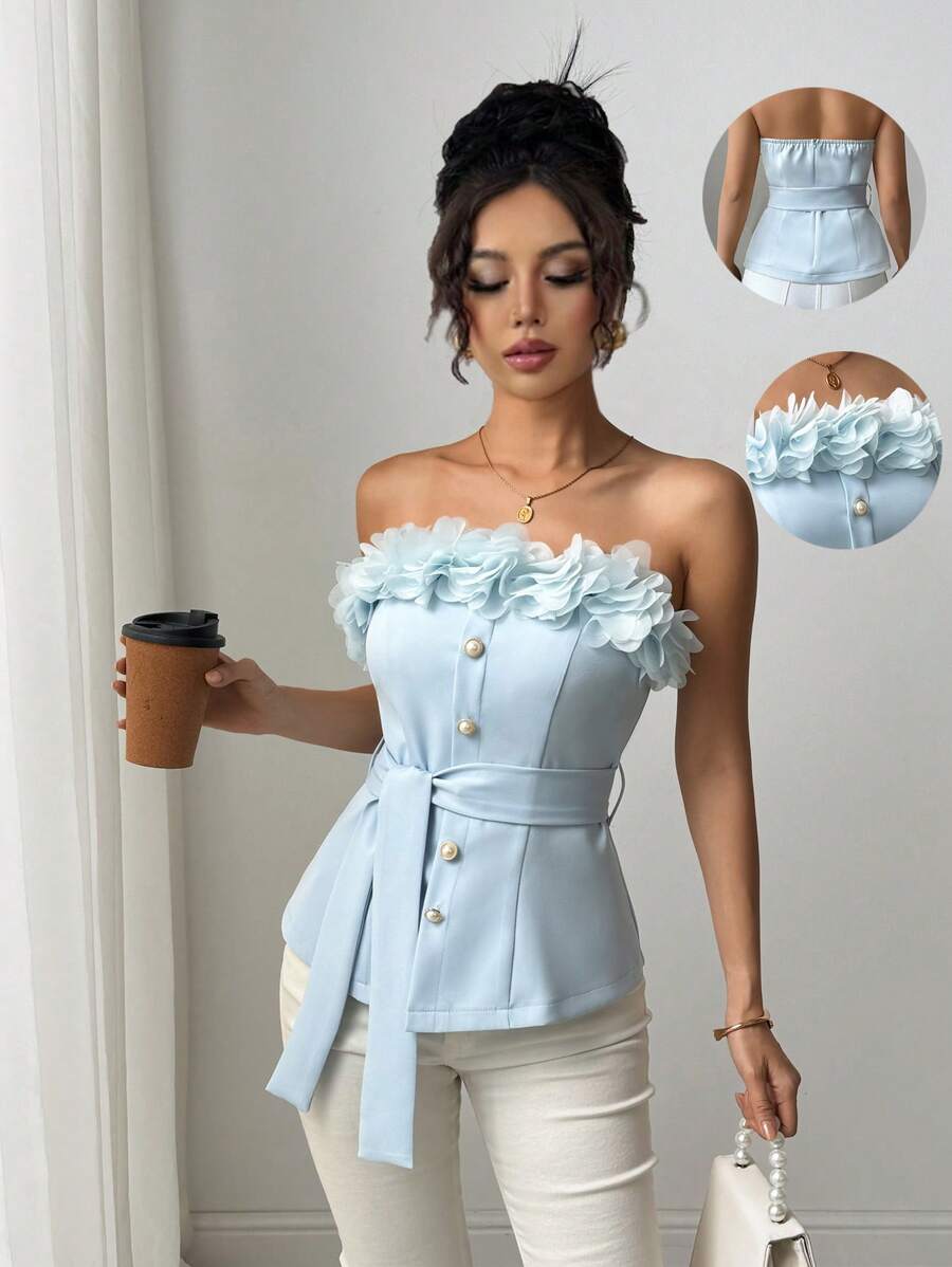 Chiquease Elegantes Damen Bandeau Top mit Blumenmuster und Bindedetail - Blau - Übersicht 1