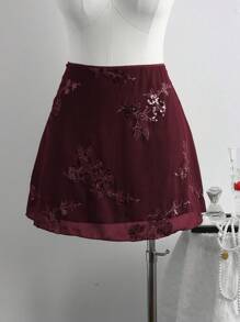 SHEIN Unity 加大码中国风性感透明刺绣绿色女式A字短裙 - 酒紅色 - 查看 5