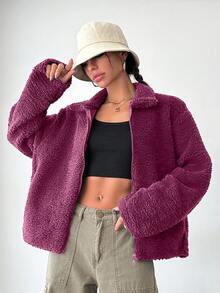 EURMUSE Áo khoác Sherpa lót vải trơn màu đơn giản cho nữ mùa thu/đông - Hồng - Xem 5