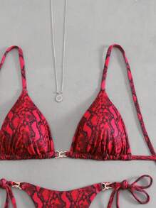 SHEIN Swim Curve 2pcs/Set Plus Size Women Red Animal Floral Print Halter Bikini Set,Beach Outfits For Woman, Summer Holiday, Sexy Swim Suit - Red - View 5