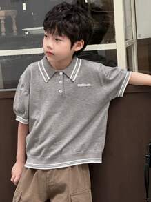 DAZY Kemeja Polo Lengan Pendek Bergaris Gaya Korea Kasual untuk Anak Laki-Laki Remaja, Cocok untuk Musim Panas, Pakaian Kembali ke Sekolah - Dark Grey - View 4