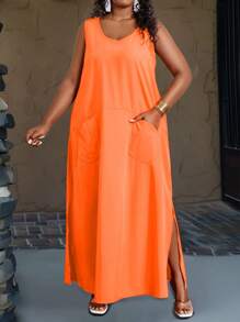 Maweii Plus Size Women's Summer Solid Color Sleeveless Top Dress With Pockets Maxi Women Outfit