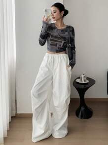 DAZY Women's Fitted Netted Printed Crop Top, Holiday Flower Vacation Beach, Spring/Summer Long Sleeve Women Tops,Fall Women Clothes - Grey - View 4