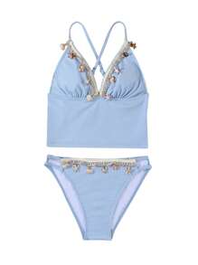 Tankinis für Tween Kleine Mädchen, 2 Stücke, einfarbig, gerippter Stoff mit Muschelquaste, geeignet für den Strandurlaub, Sommeroutfits für Kleine Mädchen, Sets für Kleine Mädchen, Badeanzüge für Teenager, Bikini-Sets für Teenager, Badeanzüge für Teenager, Bikini-Sets für Teenager, Bikini-Sets für Teenager, Western-Badeanzüge für Teenager