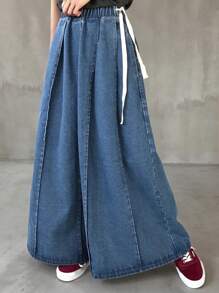 FRIFUL 女式夏季蓝色阔腿宽松牛仔长裙牛仔裙 - 藍色 - 查看 1
