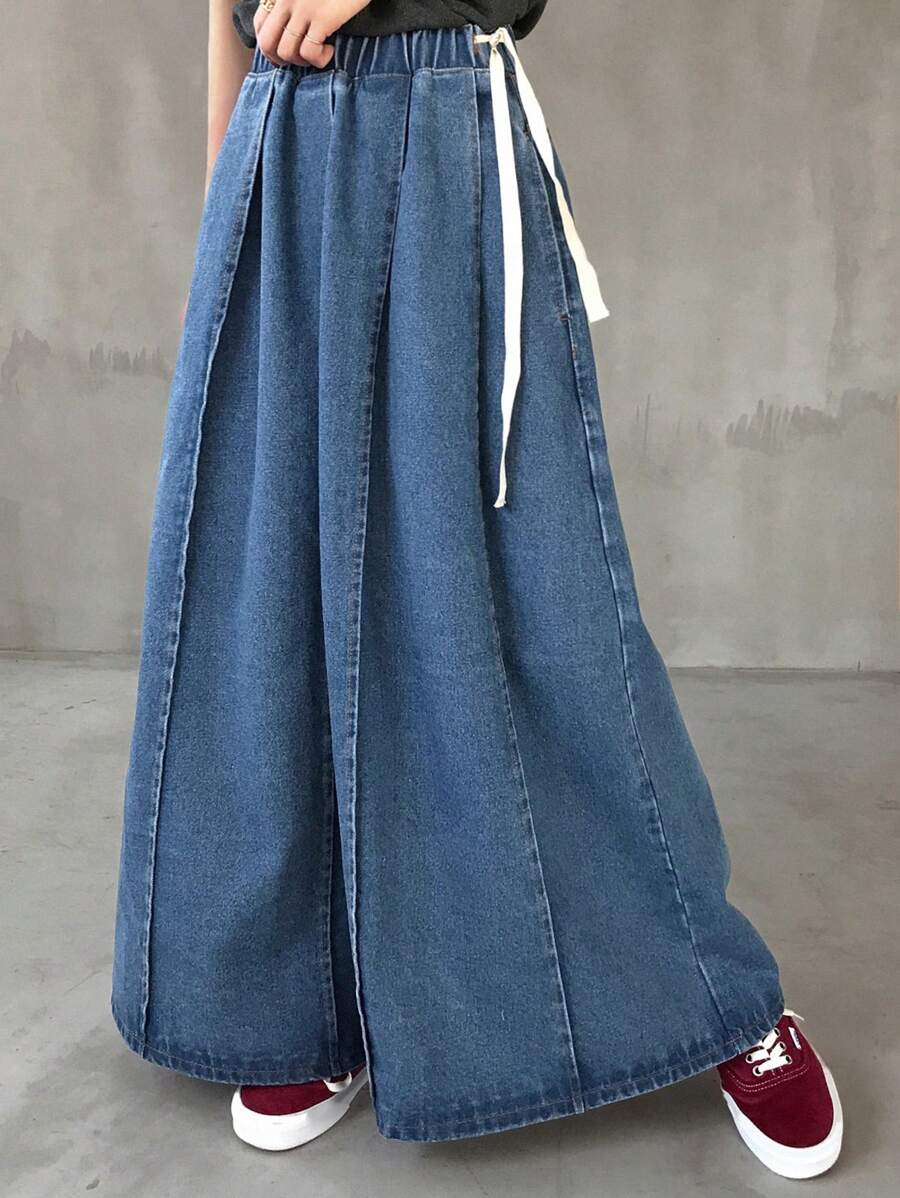 FRIFUL 女式夏季蓝色阔腿宽松牛仔长裙牛仔裙 - 藍色 - 查看 1