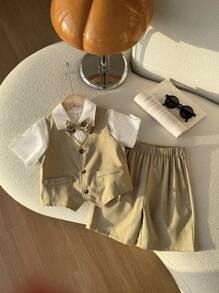 Set da 2 pezzi moda per bimbi maschi: Gilet monopetto kaki con fiocco rimovibile, tasche decorative e pantaloncini casual, stile elegante adatto per festa di compleanno, evento, matrimonio, festa di nascità