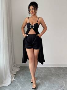 SHEIN Clasi Women Black Elegant Spaghetti Strap Long Top With A-Line Shorts 2 Pieces Set - Black - View 5