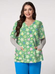 PopScrub Plus Size Women V-Neck Short Sleeve Starfish Printed Double Pocket Nursing Scrub Top - White - View 1