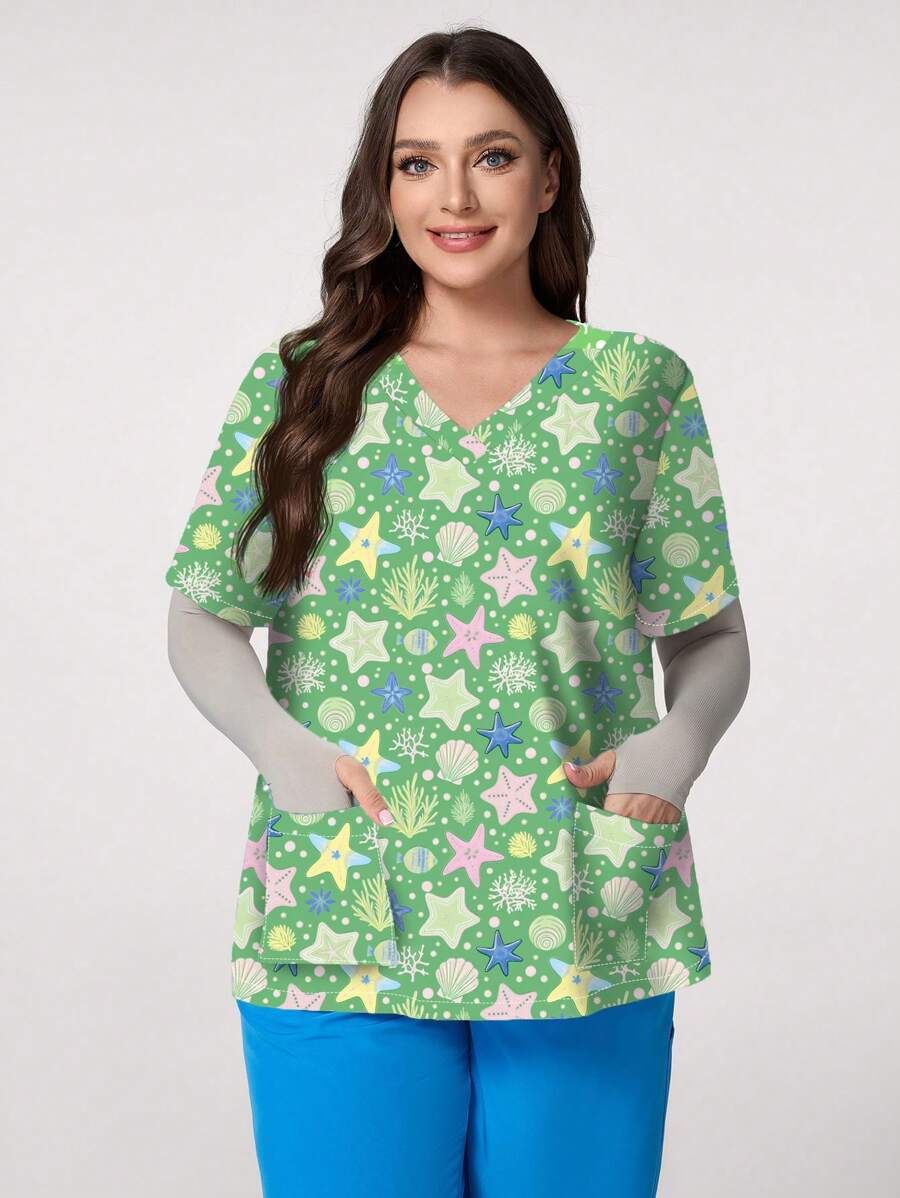 PopScrub Plus Size Women V-Neck Short Sleeve Starfish Printed Double Pocket Nursing Scrub Top - White - View 1
