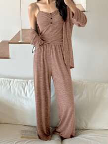 DAZY 3 件套柔软针织面料长款开衫、吊带背心和长裤休闲套装、返校服、秋装睡衣、舒适服装 - 橘色 - 查看 3