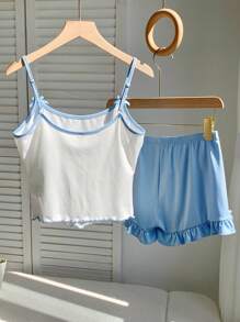 Comfortcana 2pcs Women Spaghetti Strap Top And Shorts Set, Fashion Summer Outfit - Blue and White - View 2