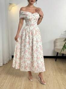 Modelyn Gaun Off Shoulder Bermotif, Modis untuk Musim Panas - MultiWarna - View 3