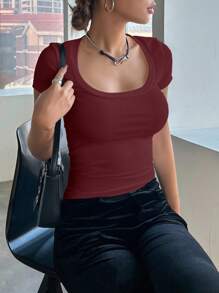 DAZY Women's Casual Versatile Solid Color Round Neck Fitted Short Sleeve Ribbed T-Shirt, Summer - Red Violet - View 4