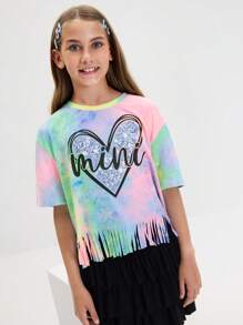 SHEIN Tween Girls Loose Tie Dye Heart Print Round Neck Short Sleeve Casual T-Shirt - Blue - View 1