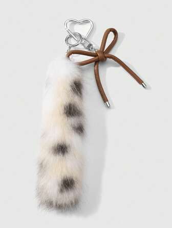 Grunge Punk 1pc Y2K Retro Fashionable Chic Faux Leopard Fur Animal Tail + Leather Bow Keychain Decor, Suitable For Women As Daily Accessory Or Holiday Gift