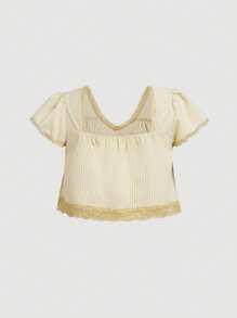 SHEIN MOD Bluză bej cu dungi vintage boemă, romantică, cu decolteu în V adânc, cu dantelă, mărime plus, cu mânecă scurtă