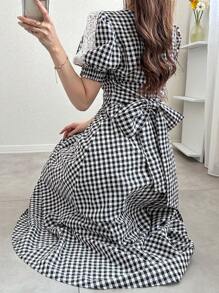 FRIFUL Women's Plaid Puff Sleeve Contrast Lace Long Dress, Cinched Waist, Flared Skirt, Bowknot, Flattering, For Summer, Birthday, Festival, Vacation,Casual Women Dresses