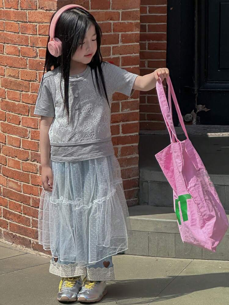Young Girl Scoop Neck Loose Casual 2 In 1 T-Shirt, Summer, For Back To School