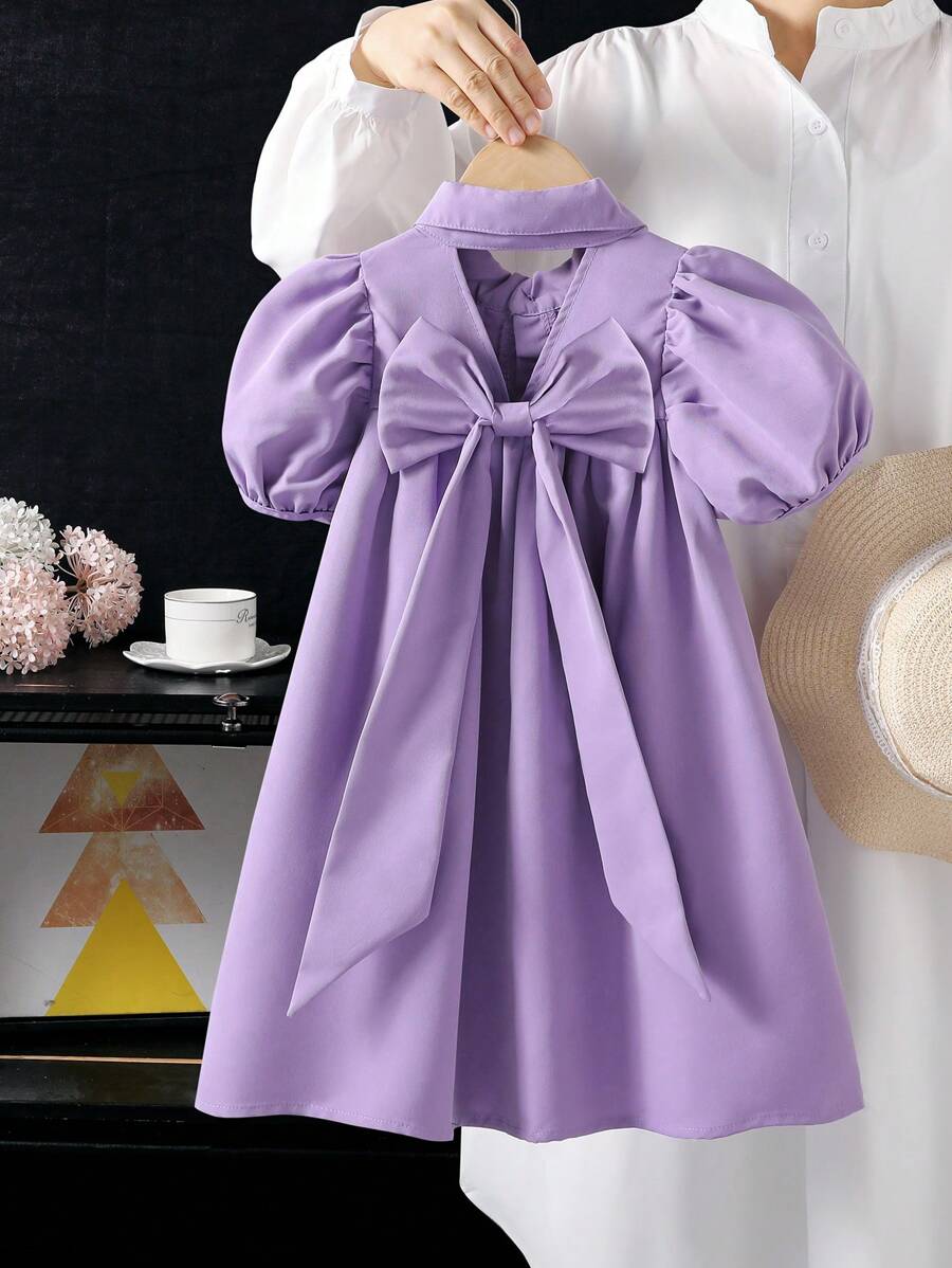 Wildeya Vestido casual lindo de manga corta abultada con moño decorativo y unicolor para niña