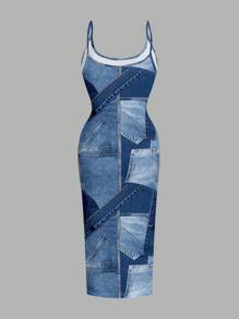 SHEIN EZwear 休闲简约紧身吊带背心中长连衣裙，适合夏季，蓝色色块，仿织物纹理印花，春假，椰子女孩，女孩之旅，音乐节，适合外出的夏季女装 - 彩色 - 查看 2